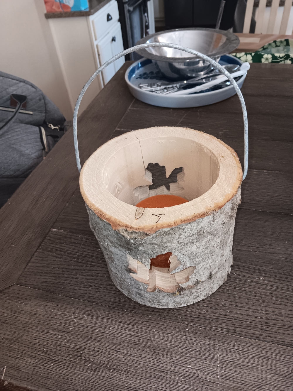 Birch Bark Tealight Holder with Silver Handle and Orange Candle